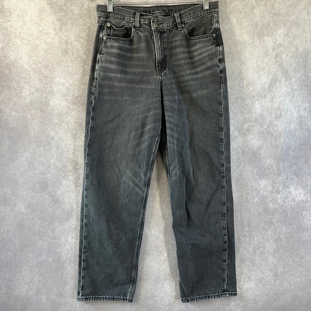 American Eagle Baggy Straight Jeans Womens 8 Short Black Super High Rise Denim